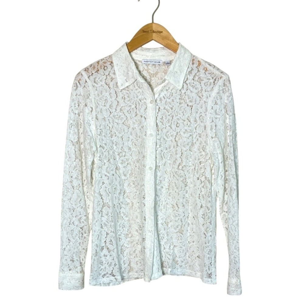 NOTATIONS Women Large Off White Lace Sheer Long Sleeve Button Up Shirt Whimsical